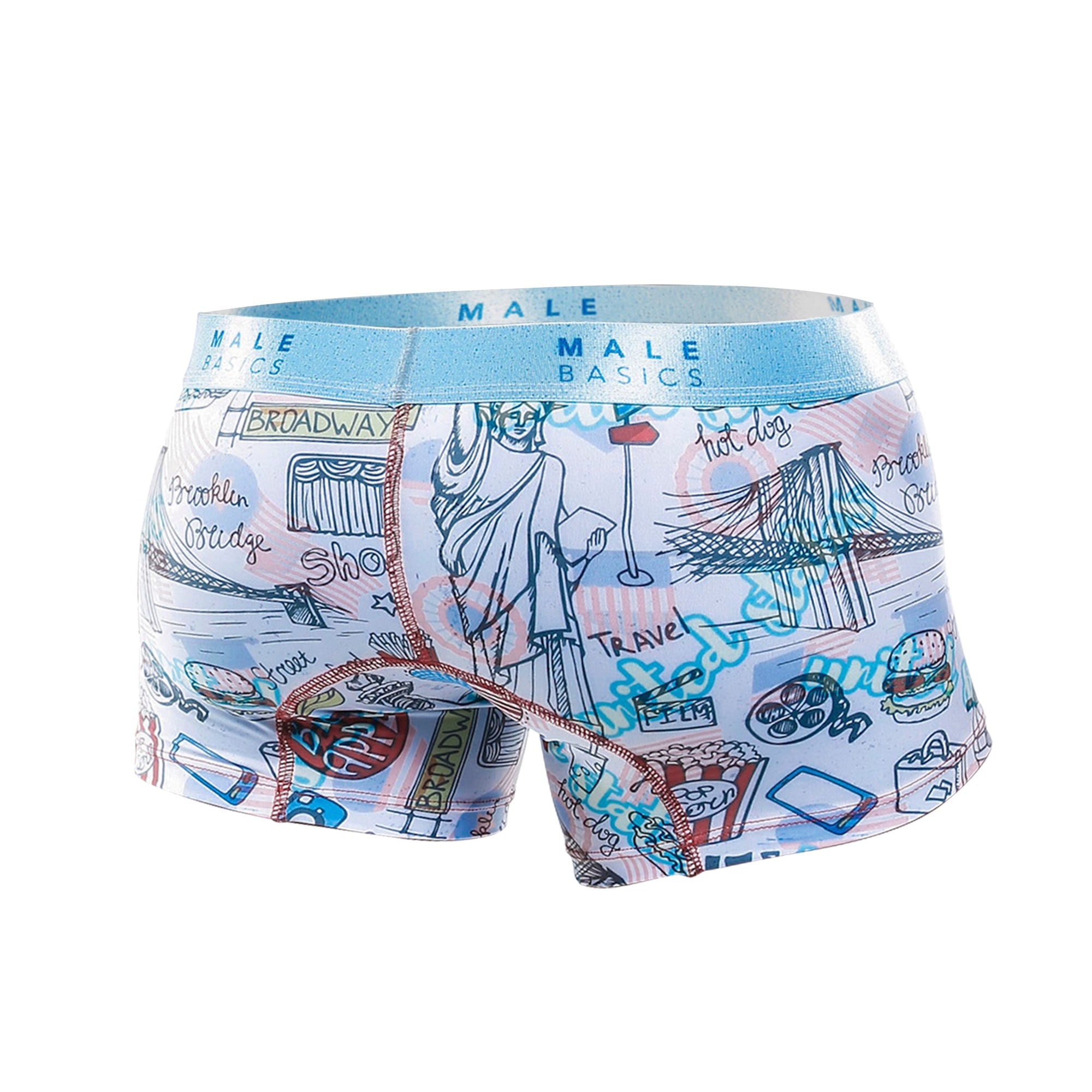 Malebasics trunk hipster poker light blue and white men’s boxer briefs with playful travel-themed doodles and text