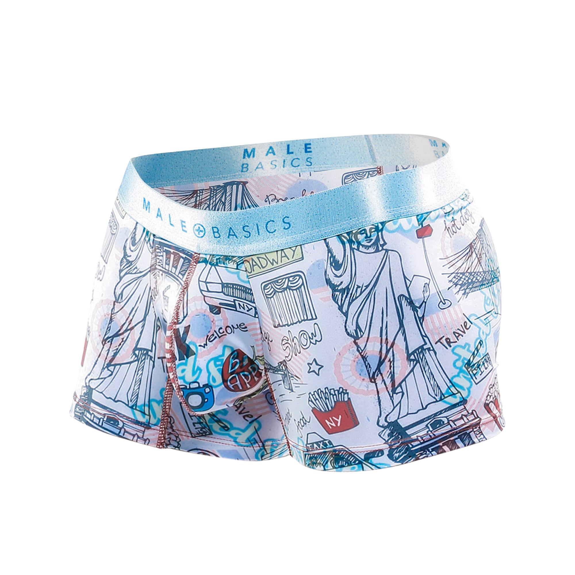 Light blue and white men’s boxer briefs with new york city-themed graphic design by malebasics trunk hipster poker