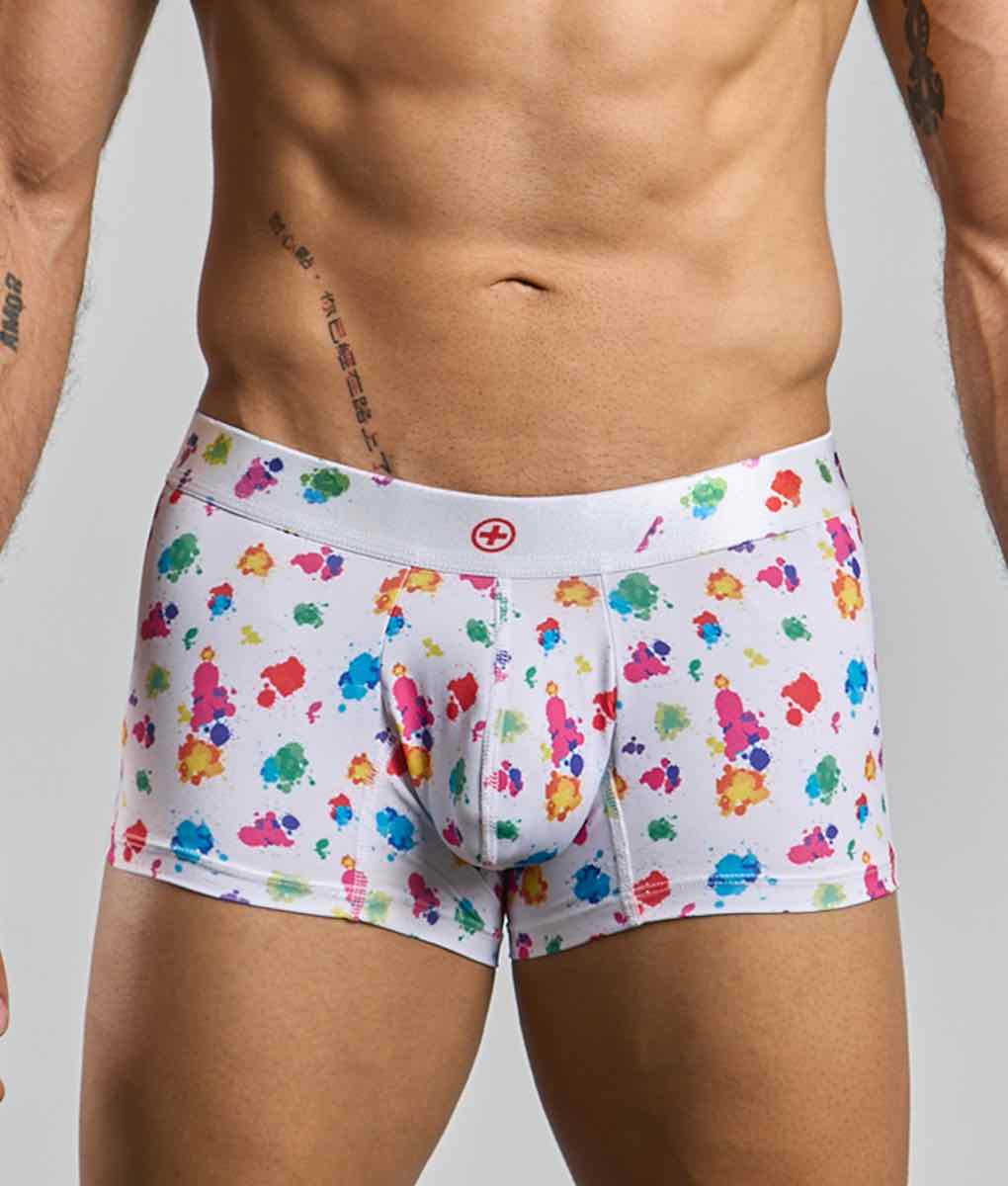 Malebasics trunk hipster white splash boxer briefs with multicolored paint splatter and red cross waistband logo