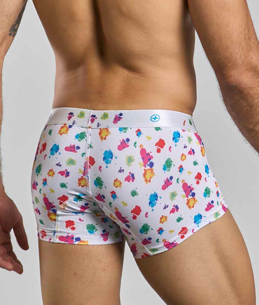 Malebasics trunk hipster white splash white boxer briefs with vibrant multicolored paint splatter pattern