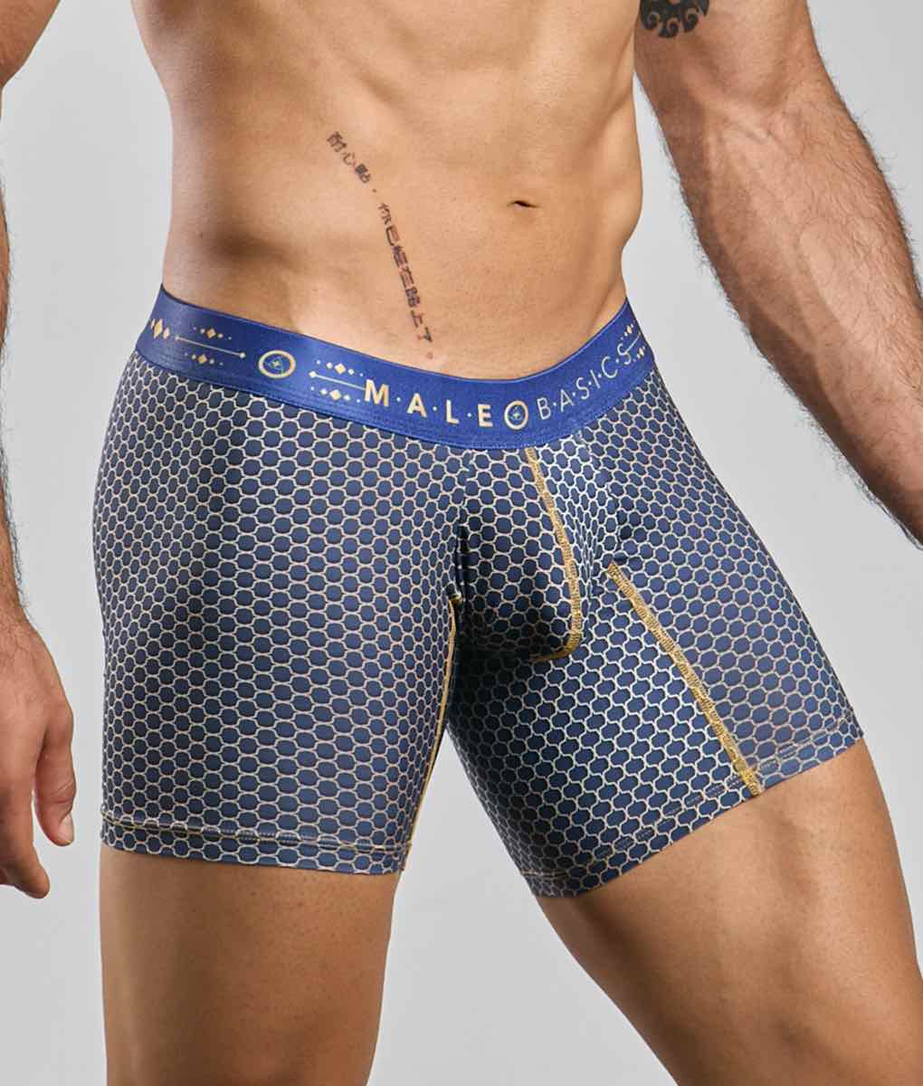 Malebasics boxer brief hipster in blue honeycomb pattern with gold trim and branded waistband for men