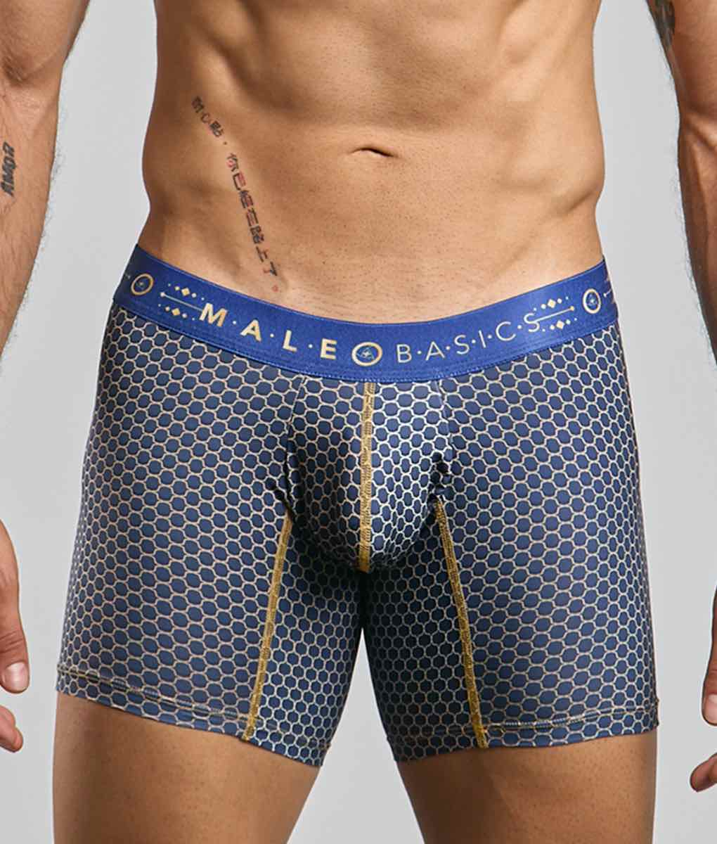 MaleBasics boxer brief hipster mens underwear with blue and gold hexagonal pattern and branded waistband