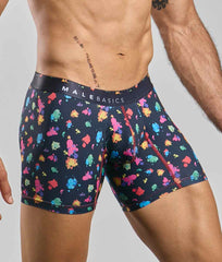 Malebasics boxer brief hipster black splash with dark navy base and vibrant multicolored paint splatter pattern