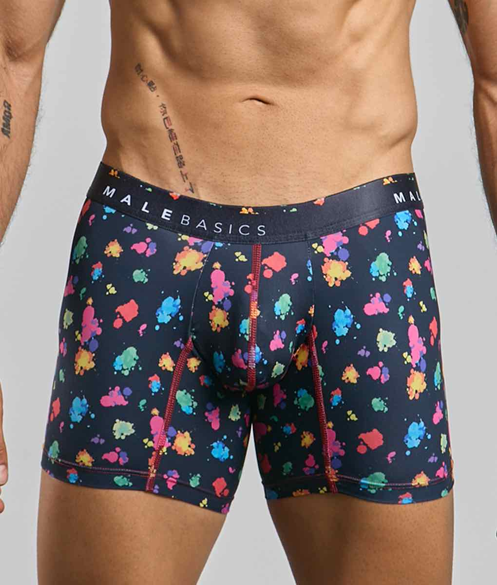 Malebasics boxer brief hipster black splash men’s navy blue boxer briefs with multicolored paint splatter and red stitching