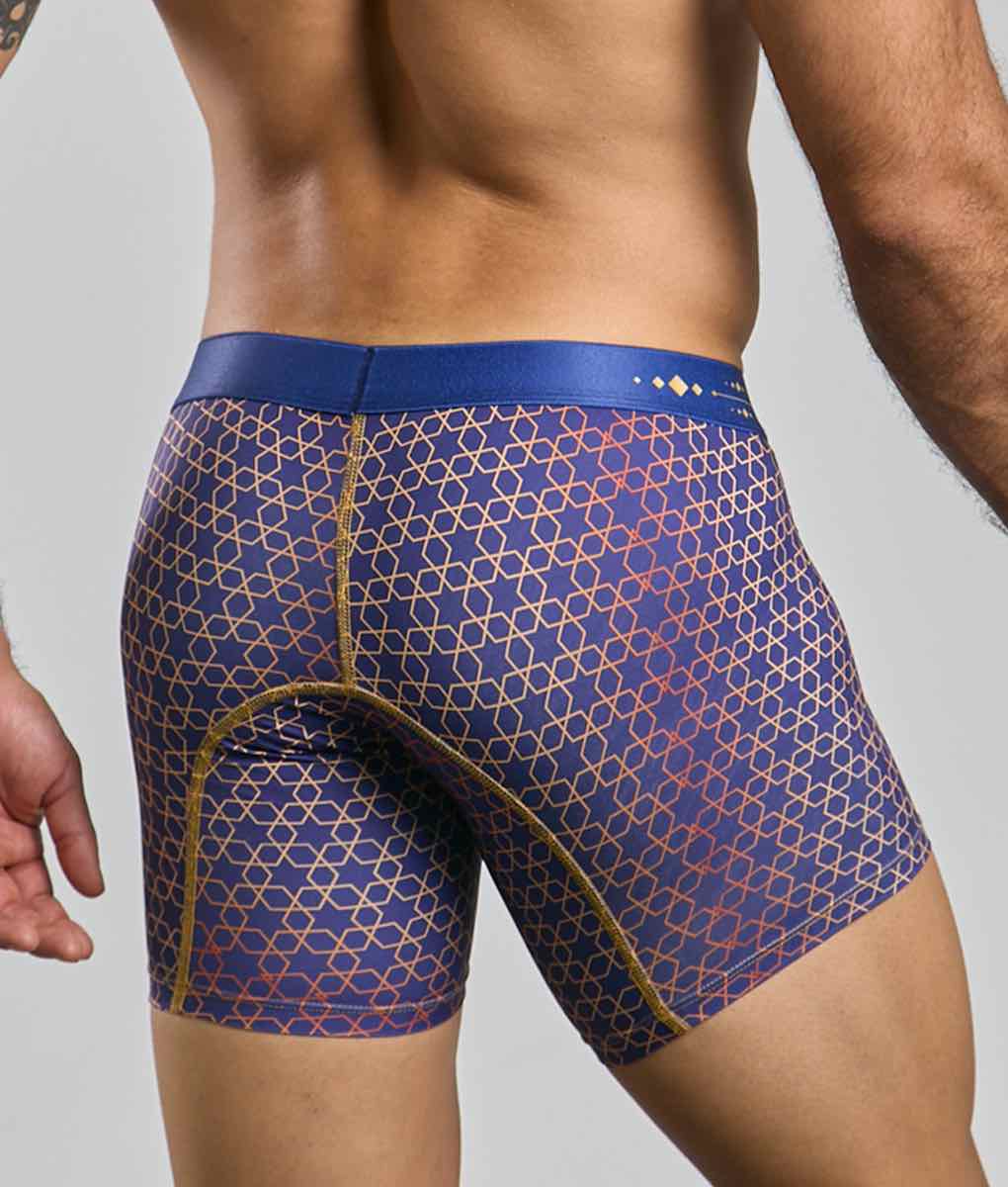MaleBasics boxer brief hipster in blue with gold and red geometric pattern and matching blue waistband front view