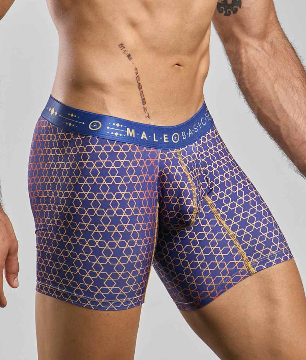 Blue patterned men’s boxer briefs with gold and pink geometric design and male basic waistband hipster style