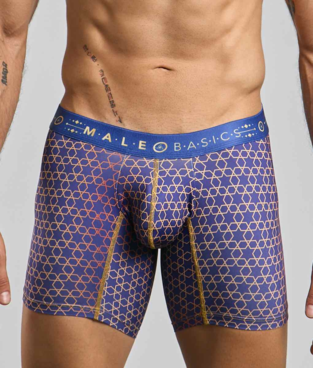 Malebasics boxer brief hipster in blue and gold geometric pattern with branded elastic waistband for men
