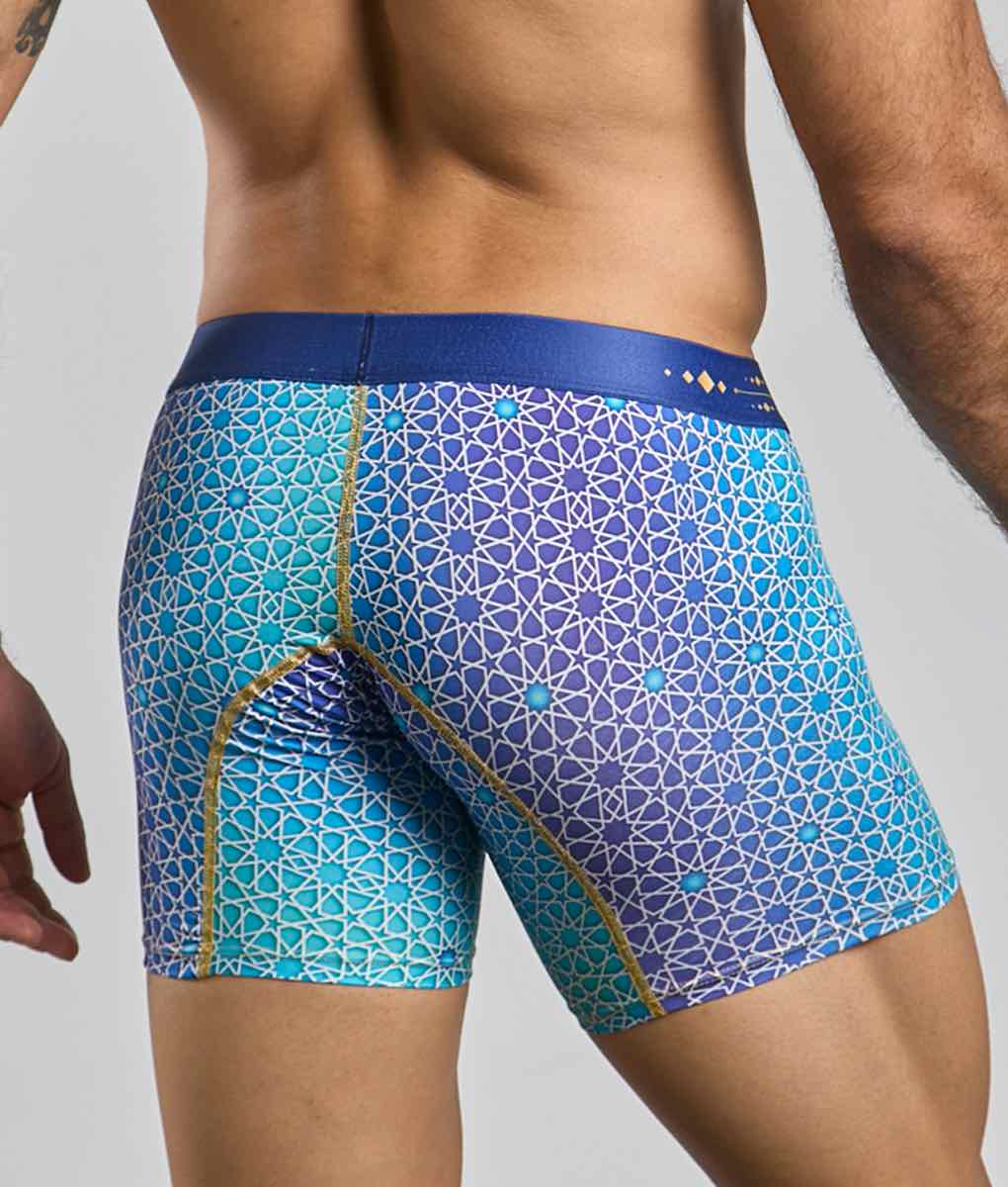 MaleBasics boxer brief hipster in blue and turquoise geometric pattern with gold trim for men