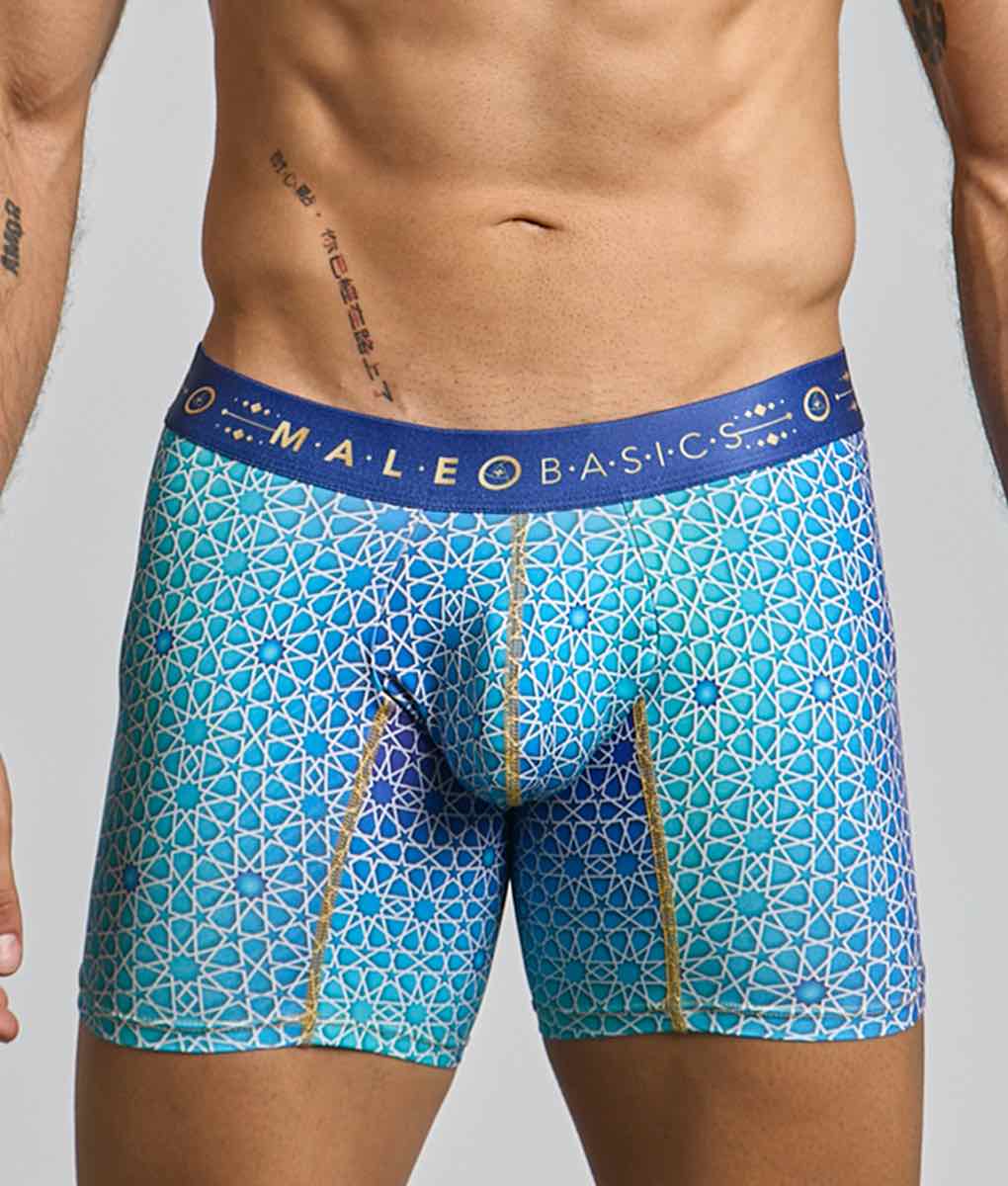 Blue patterned men’s boxer briefs with geometric design and gold trim by malebasics for comfortable hipster wear