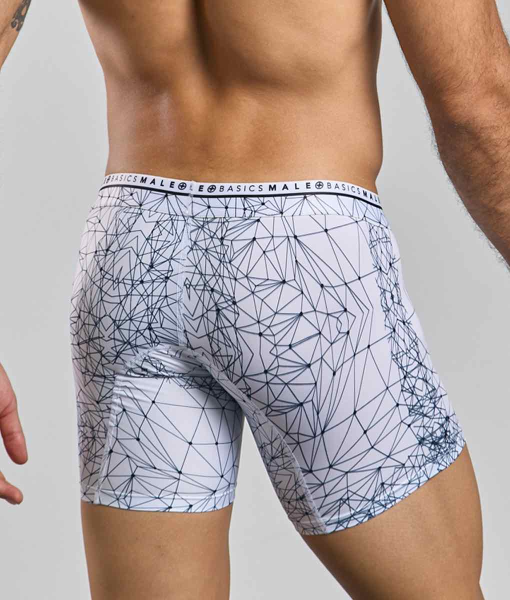 White boxer briefs with black geometric line pattern and basics male branding on waistband malebasics hipster boxer brief spider