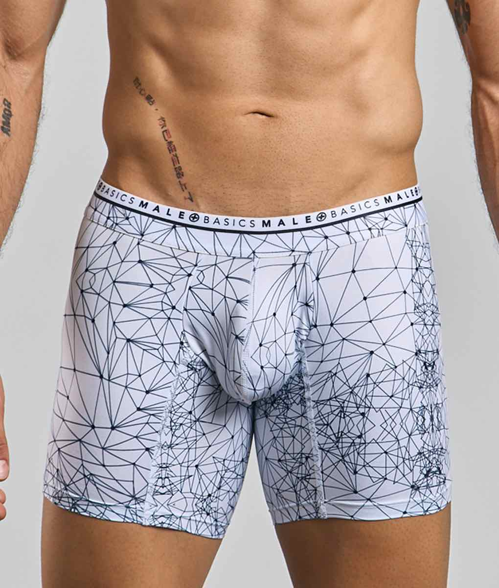 White boxer briefs with black geometric lines and basics male branding on the waistband from malebasics spider hipster collection
