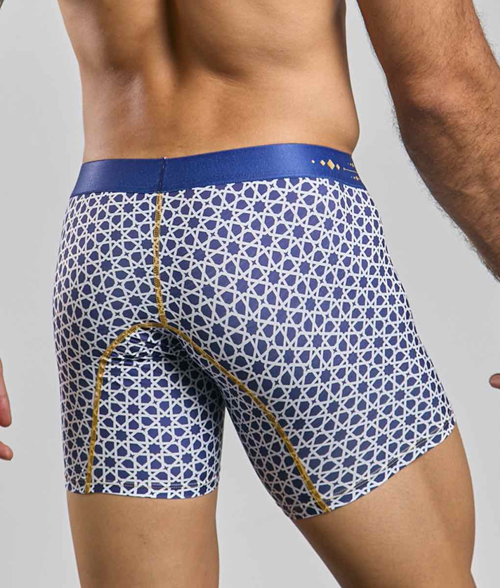 Malebasics boxer brief hipster in blue and white geometric pattern with gold trim along the seams