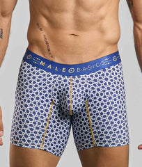 Malebasics boxer brief hipster in blue and white geometric pattern with gold trim and branded waistband