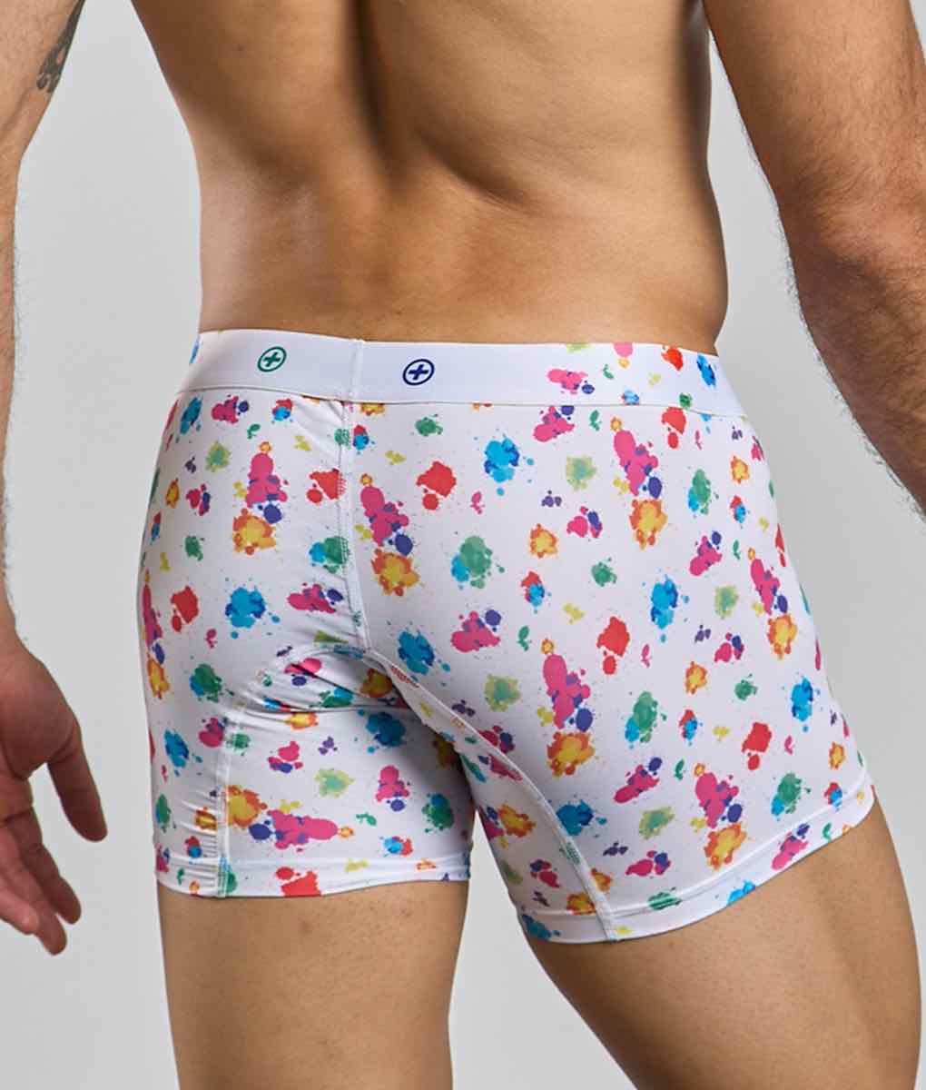 White boxer briefs malebasics hipster with vibrant multicolored paint splatter pattern for casual wear