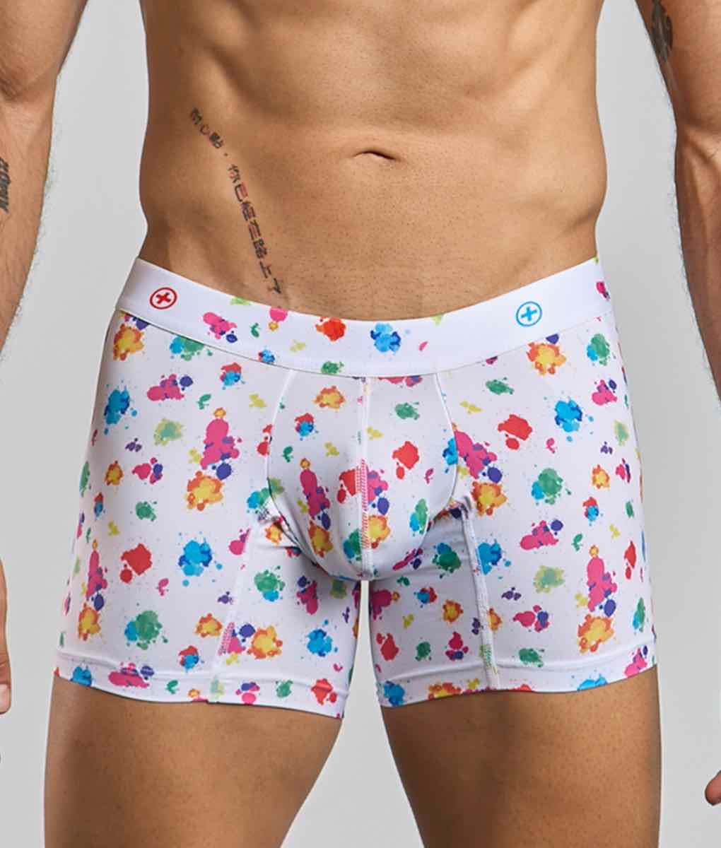 Malebasics boxer brief hipster white with vibrant multicolored paint splatter pattern for stylish comfort