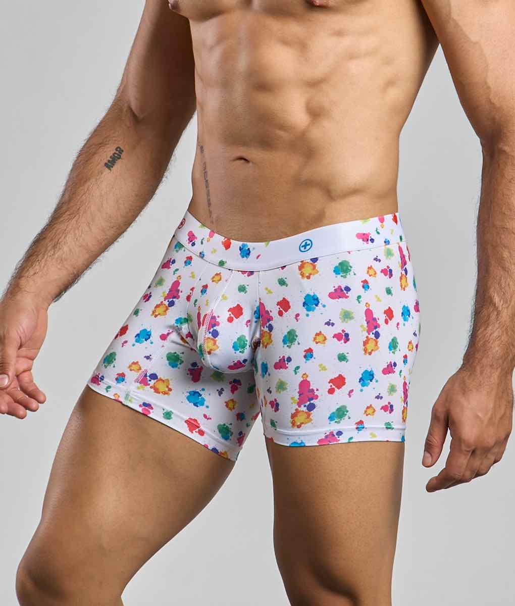 White Malebasics boxer brief hipster with a vibrant multicolored paint splatter pattern for stylish comfort