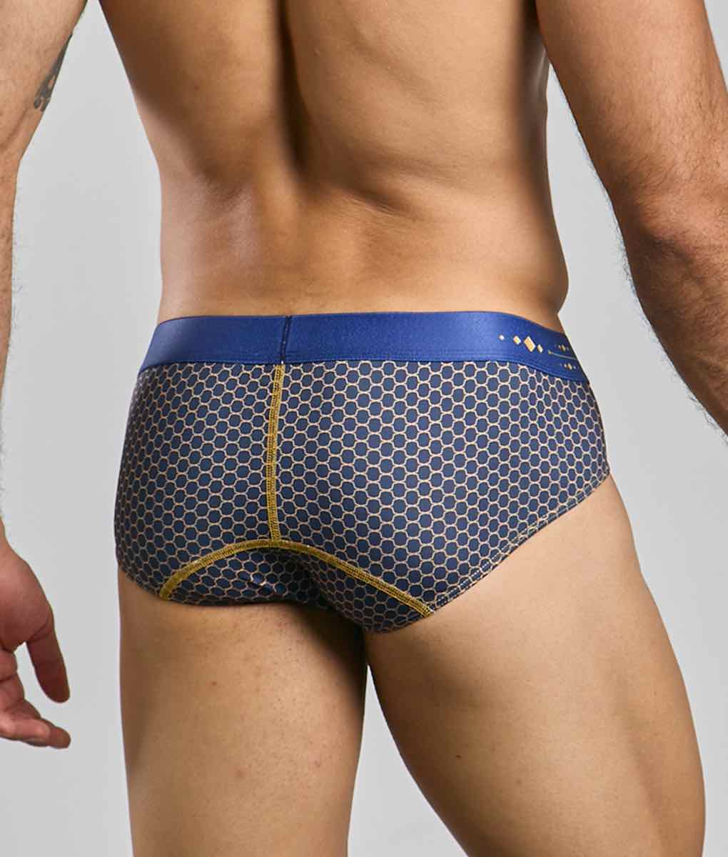Malebasics hipster brief in blue and gray honeycomb pattern with yellow stitching for comfortable everyday wear