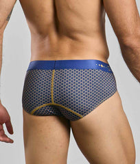 Malebasics hipster brief in blue and gray honeycomb pattern with yellow stitching for comfortable everyday wear