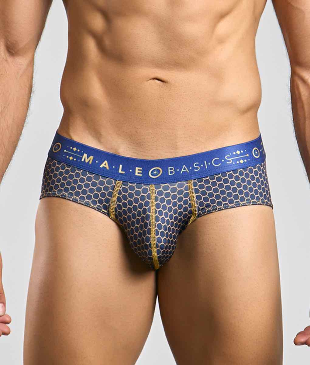Malebasics hipster brief men’s briefs in blue and gold honeycomb pattern with branded elastic waistband