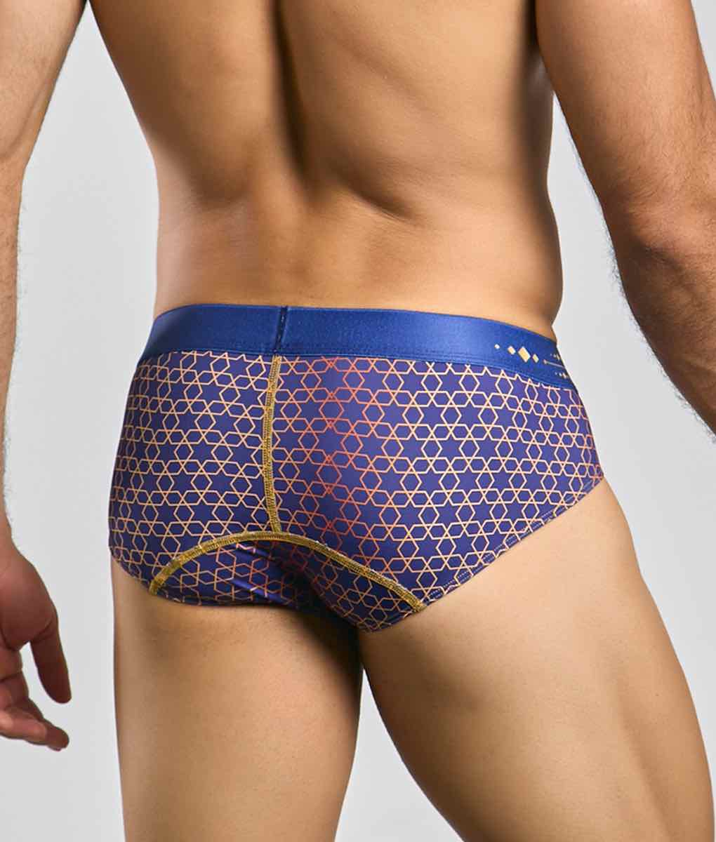 Malebasics hipster brief in blue and gold geometric pattern with solid blue waistband for comfortable wear