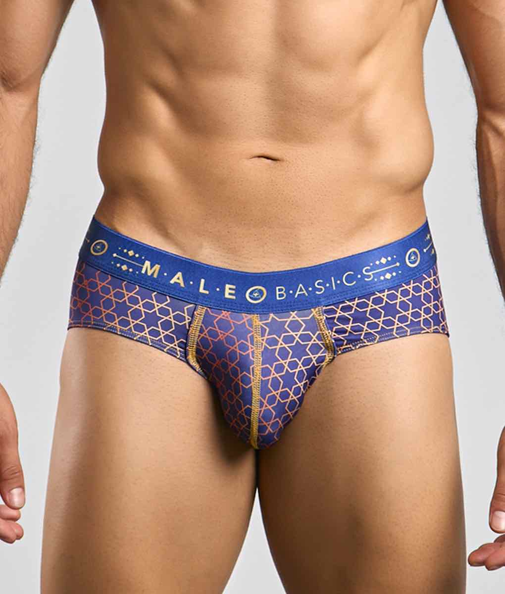 Malebasics hipster brief mens briefs with blue and gold pattern and branded waistband for comfortable fit