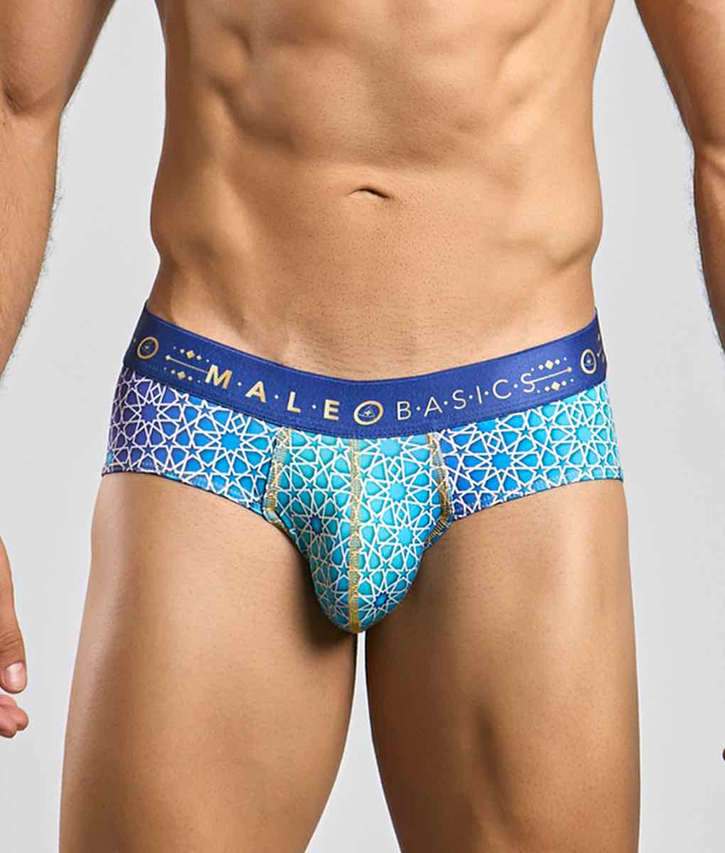 Male basics hipster brief in blue and turquoise with a geometric pattern and branded waistband