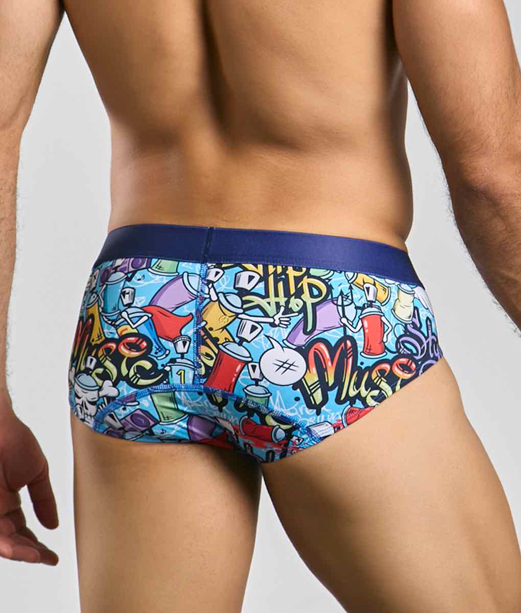 Malebasics hipster brief featuring blue and multicolored graffiti print with navy waistband for men