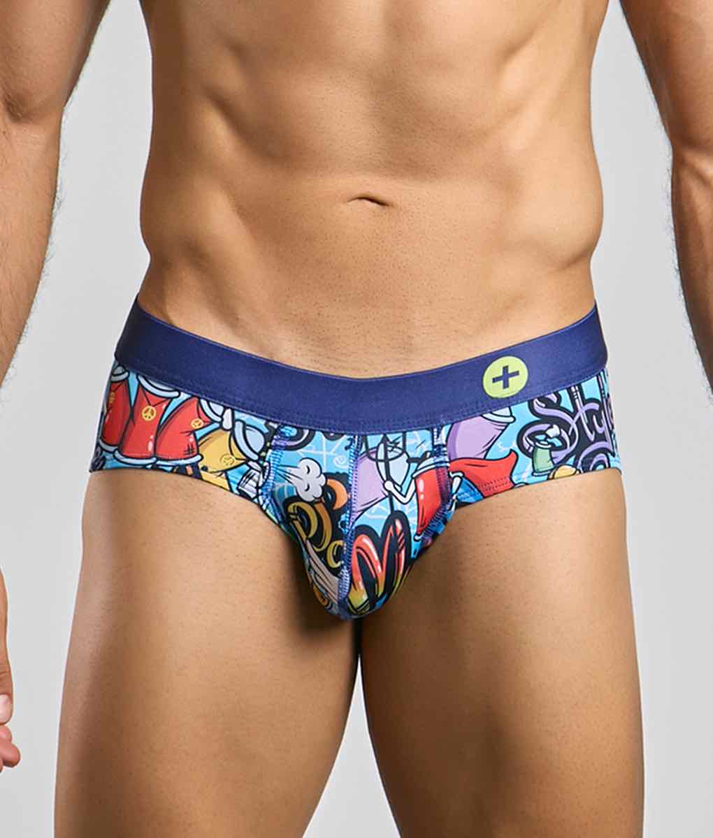 MaleBasics Hipster Brief vibrant graffiti-style printed men’s briefs with solid navy blue waistband and yellow logo