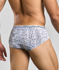 White malebasics new hipster brief spider featuring black geometric lines and a branded waistband