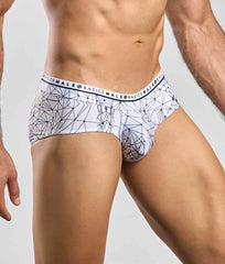White malebasics new hipster brief spider with black geometric pattern and branded waistband in cotton fabric