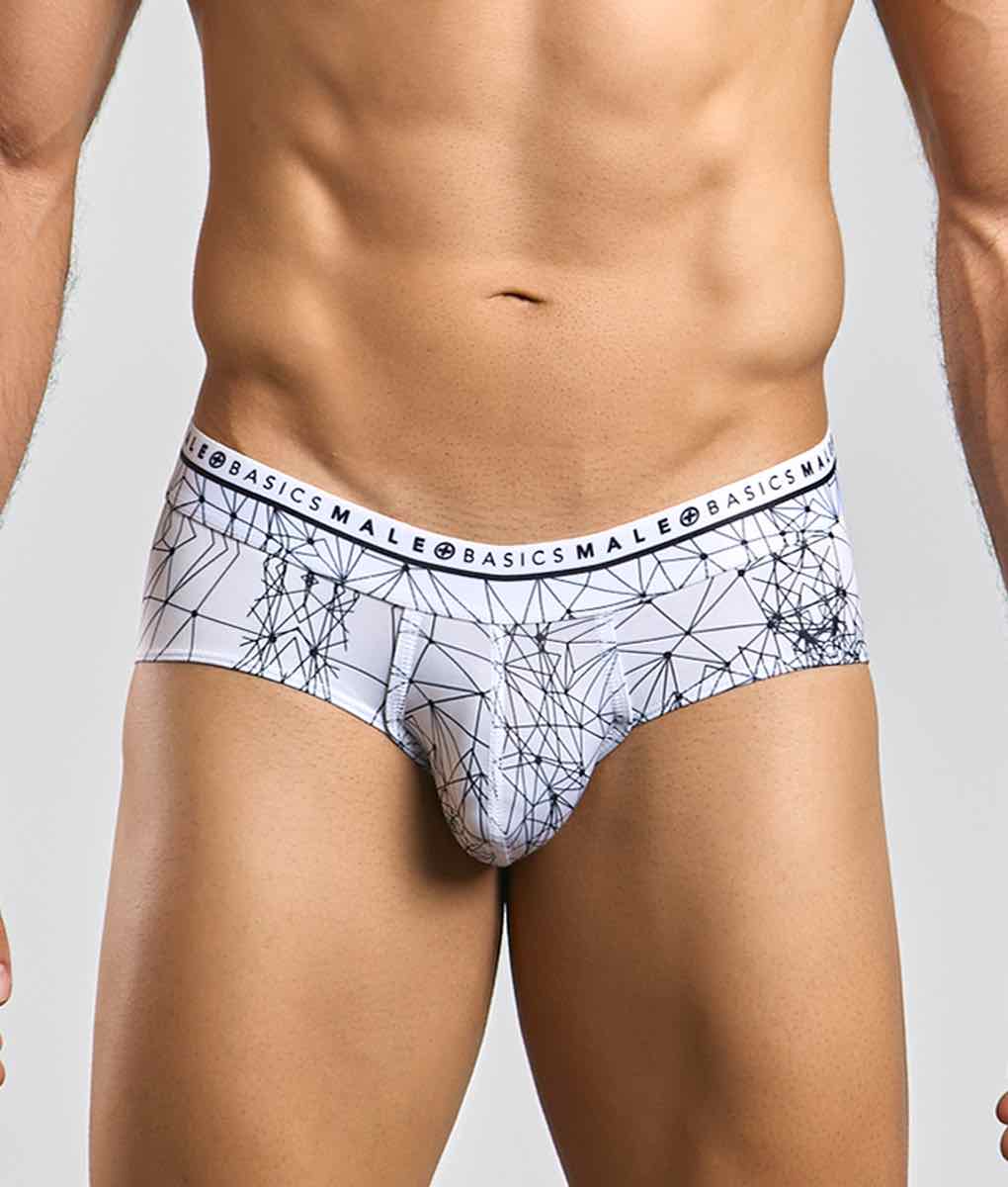 Malebasics new hipster brief spider men’s briefs with white and black geometric pattern and branded waistband