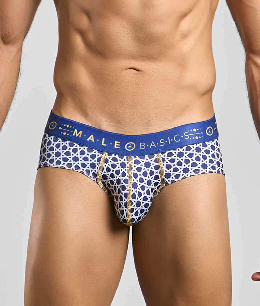 Malebasics hipster brief in blue and white patterned fabric with gold trim and a male basics waistband