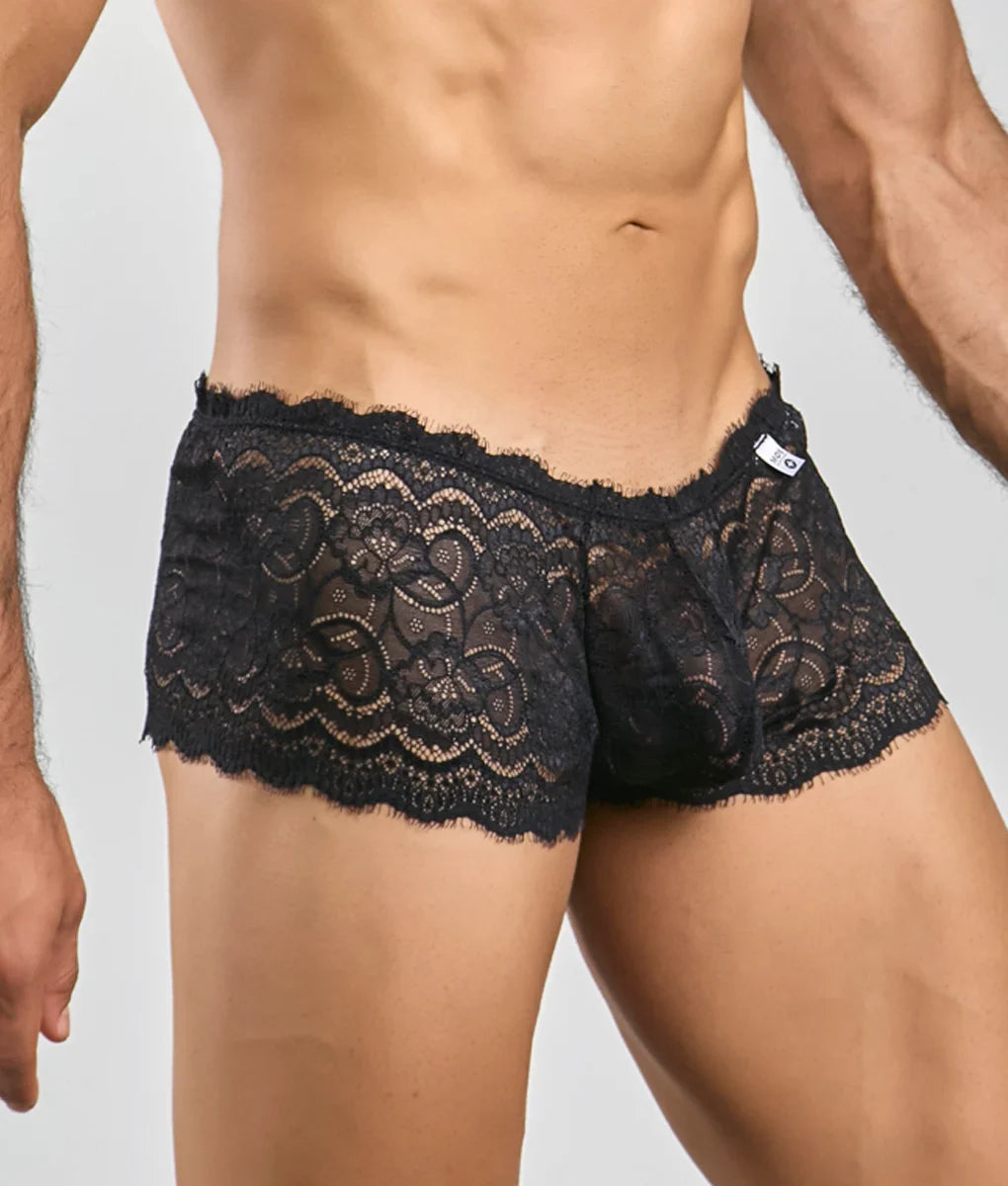 Black lace boxer short rose for men with intricate floral patterns and scalloped edges in a sheer design