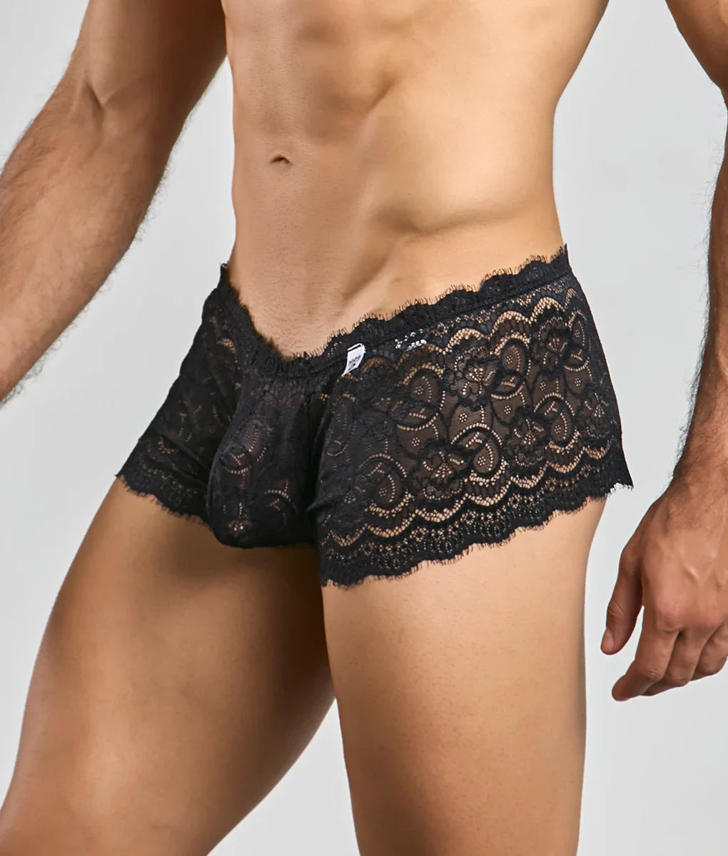Black lace boxer shorts for men with intricate floral patterns and scalloped edges in lace boxer short rose style