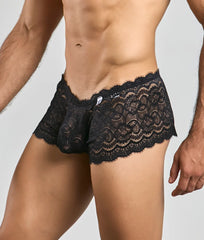 Black lace boxer shorts for men with intricate floral patterns and scalloped edges in lace boxer short rose style