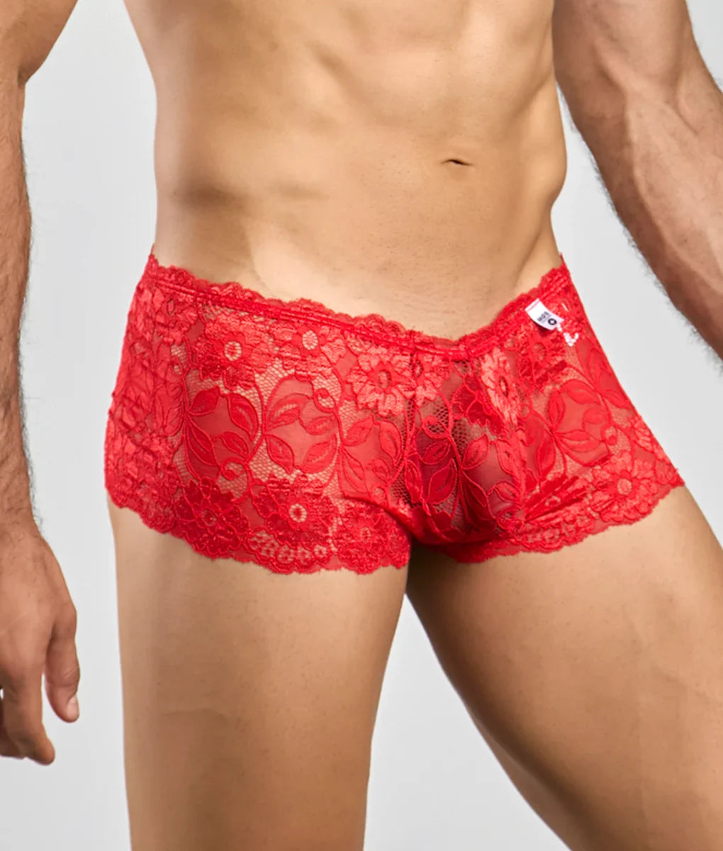 Red lace boxer short rose men’s underwear with floral pattern and scalloped edges in sheer fabric