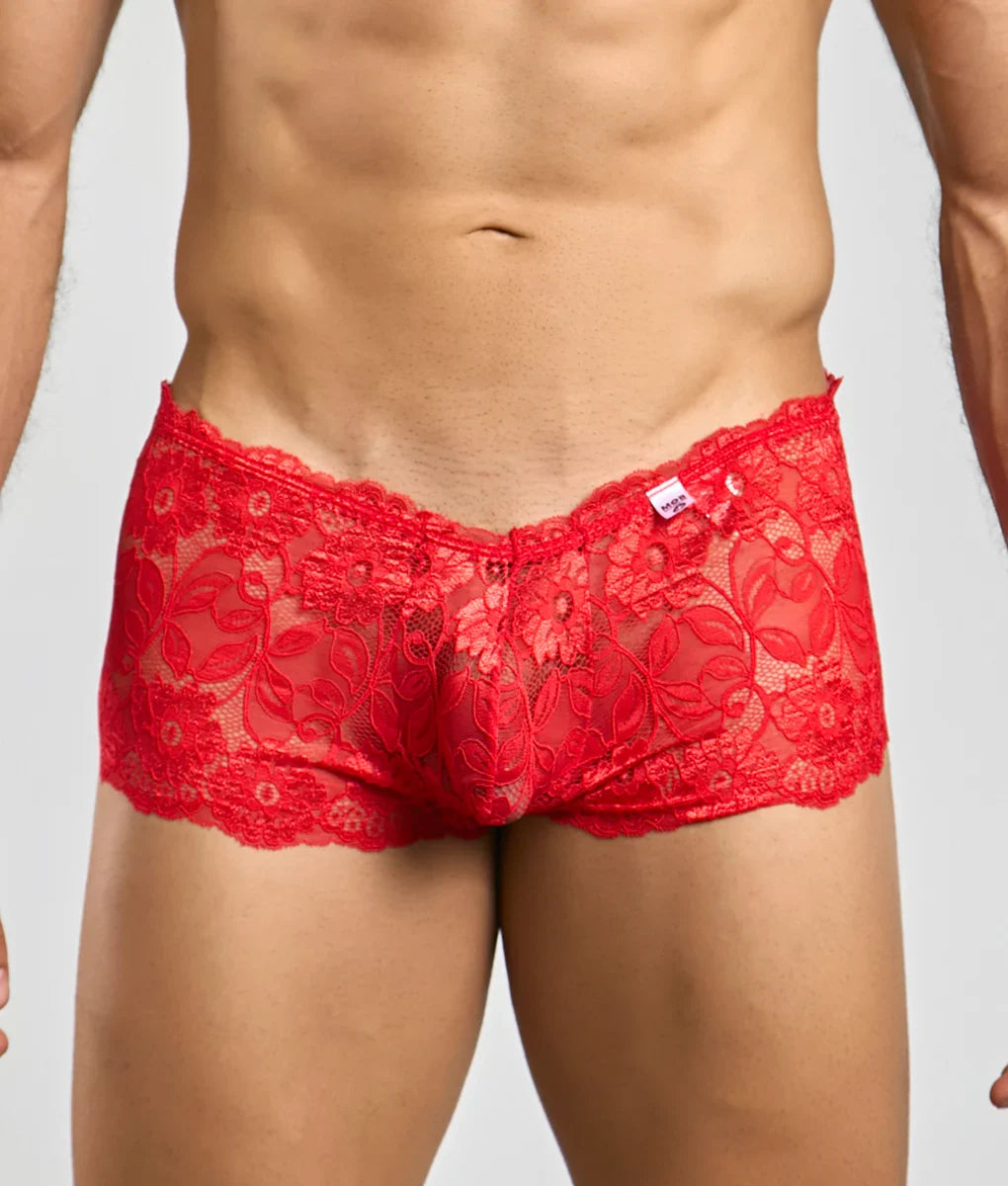 Red floral lace men’s boxer shorts made of sheer rose lace for comfortable stylish underwear