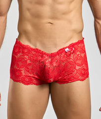 Red floral lace men’s boxer shorts made of sheer rose lace for comfortable stylish underwear