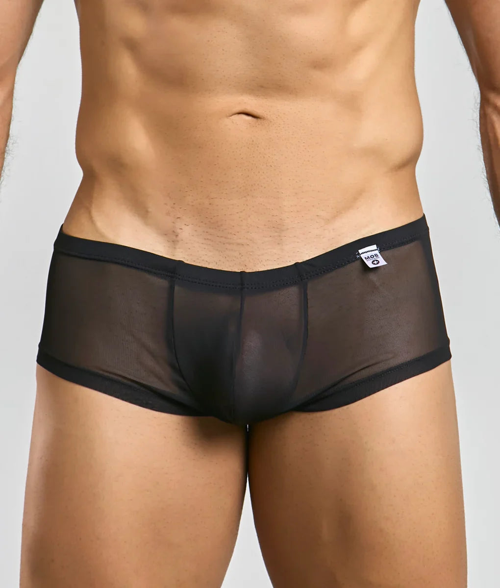 MOB men’s sexy sheer hip brief in black with sheer mesh fabric and solid black waistband and trim