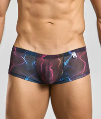 Mob men’s sexy sheer hip brief black mesh briefs with vibrant neon pink blue and purple lightning bolt pattern