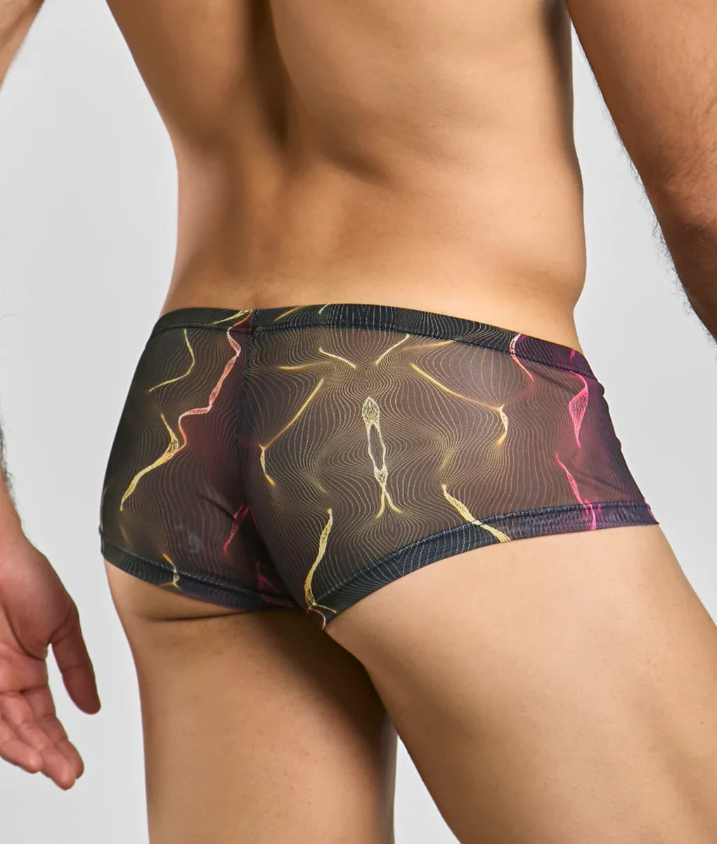 MOB men’s sexy sheer hip brief in black with vibrant abstract glowing yellow and pink line pattern