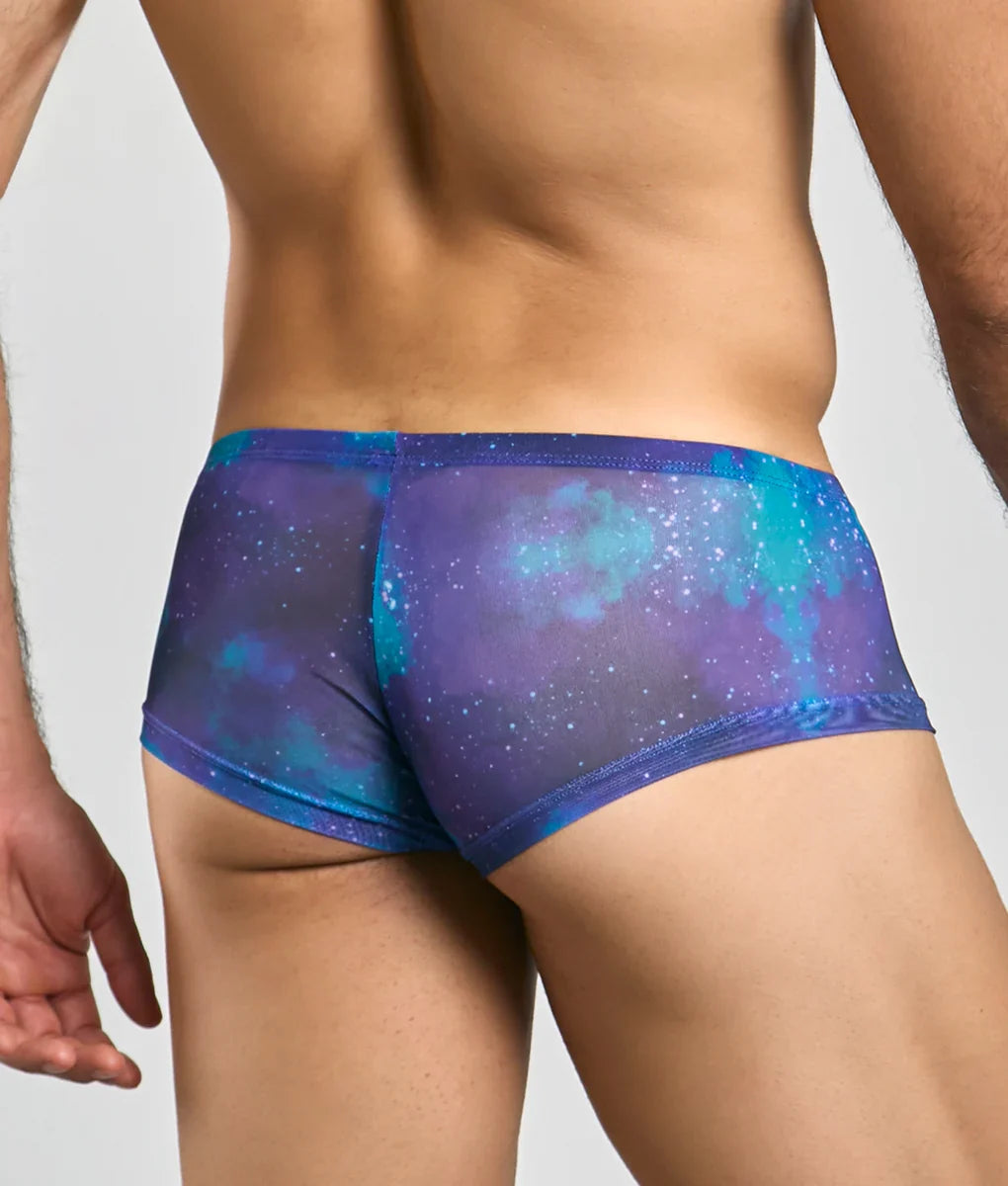 Mob men’s sexy sheer hip brief in blue and purple galaxy-patterned mesh showcasing front view design
