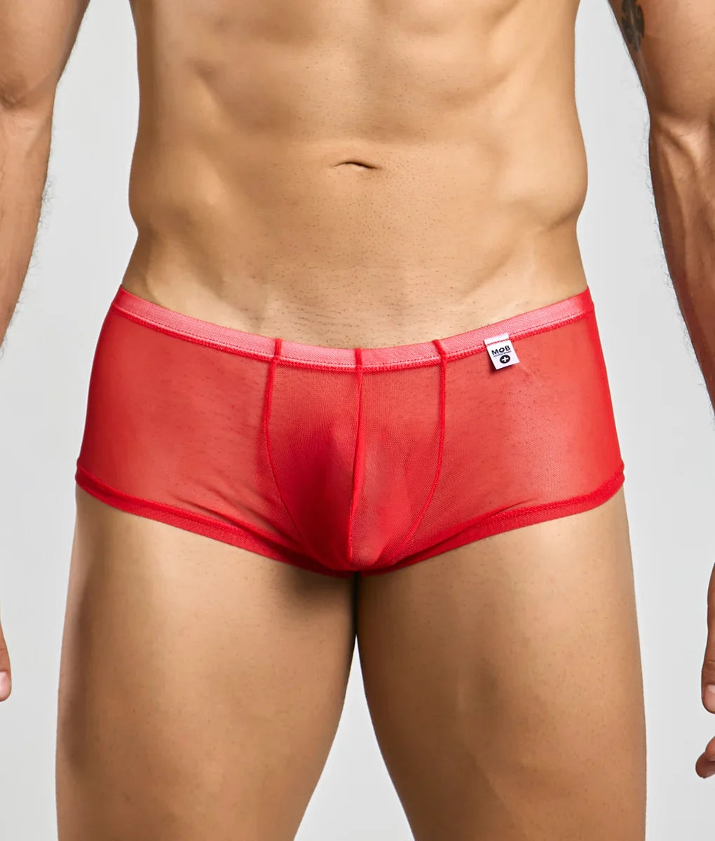 Mob men’s sexy sheer hip brief in red sheer mesh with solid waistband and small white brand tag visible