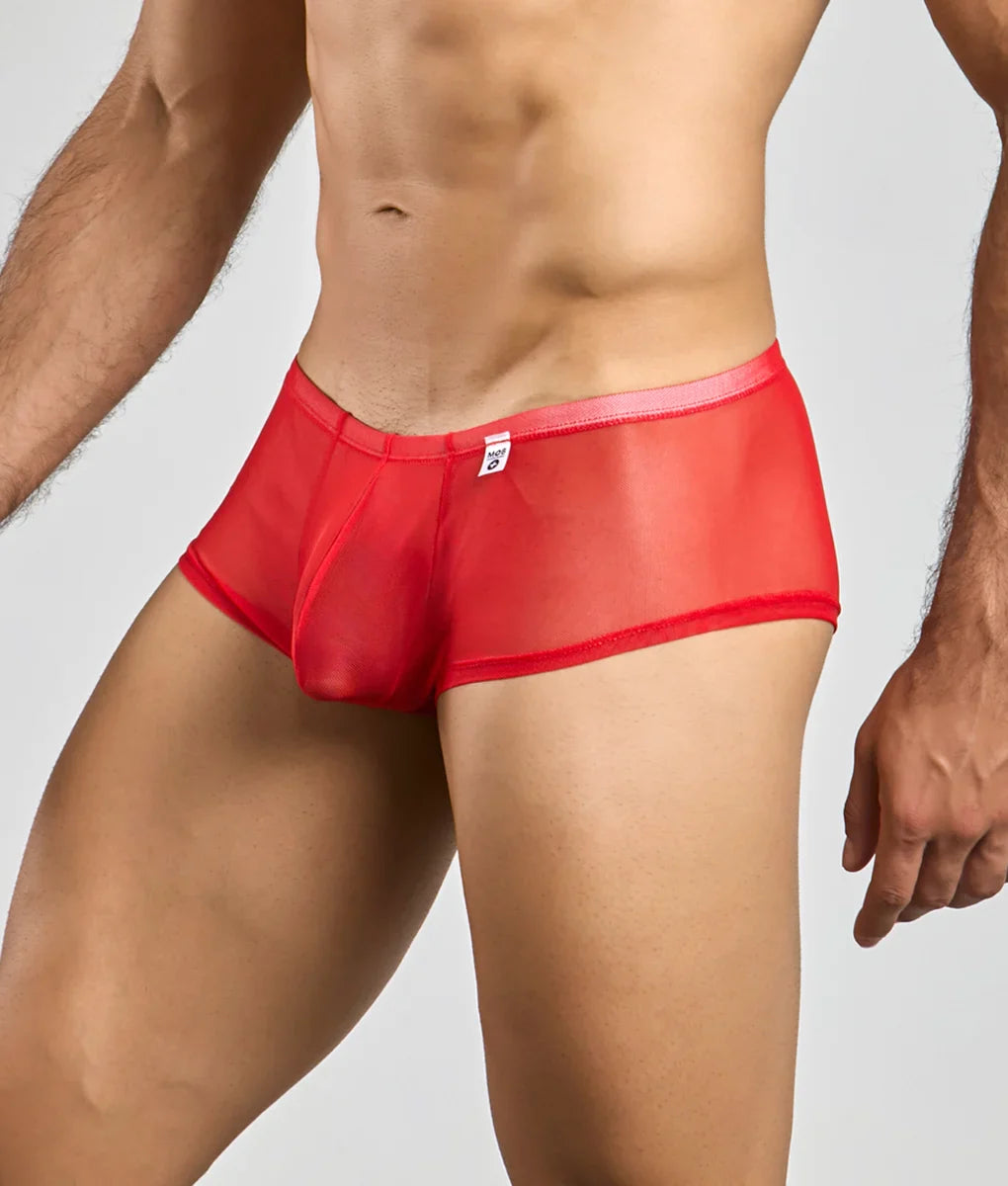 Mob men’s sexy sheer hip brief in red sheer mesh with solid red waistband and trim front view