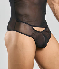 Black sheer mesh briefs with cutout design from mob men’s sexy all over sheer body collection