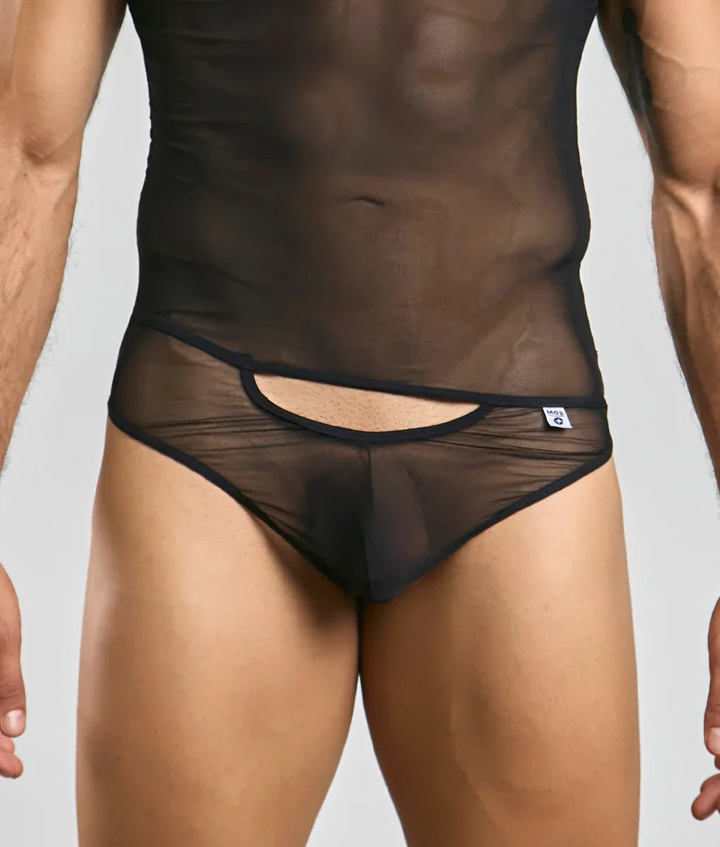 Black sheer mesh briefs with cutout design and elastic waistband from MOB men’s sexy all over sheer body collection