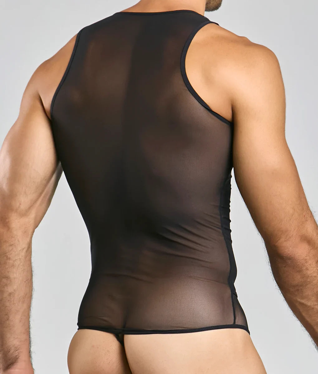 Mob men’s sexy all over sheer body black sheer mesh tank top with black trim showing front side
