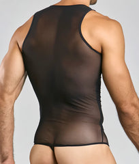 Mob men’s sexy all over sheer body black sheer mesh tank top with black trim showing front side