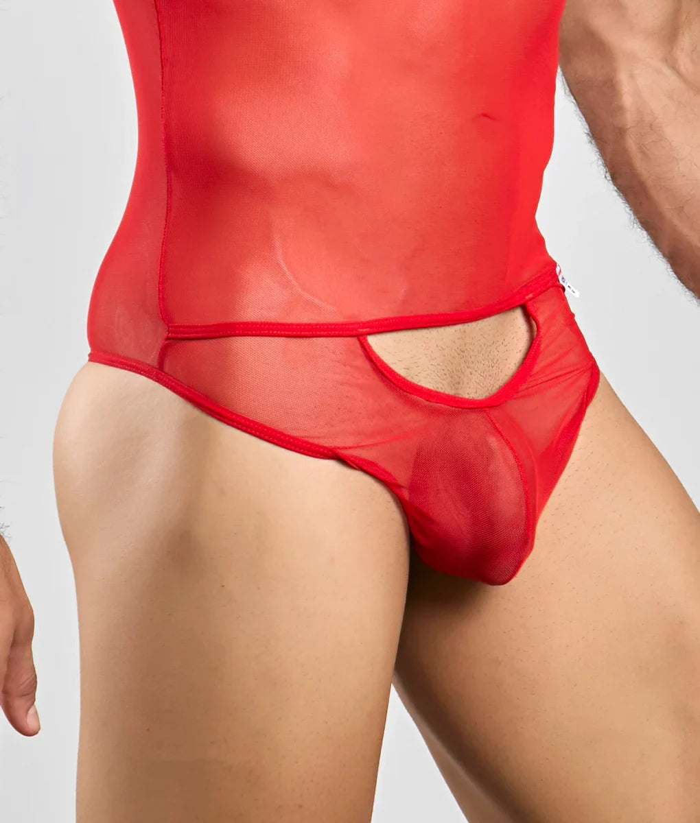 Red sheer mesh men’s underwear with cutout design from mob men’s sexy all over sheer body collection visible from front
