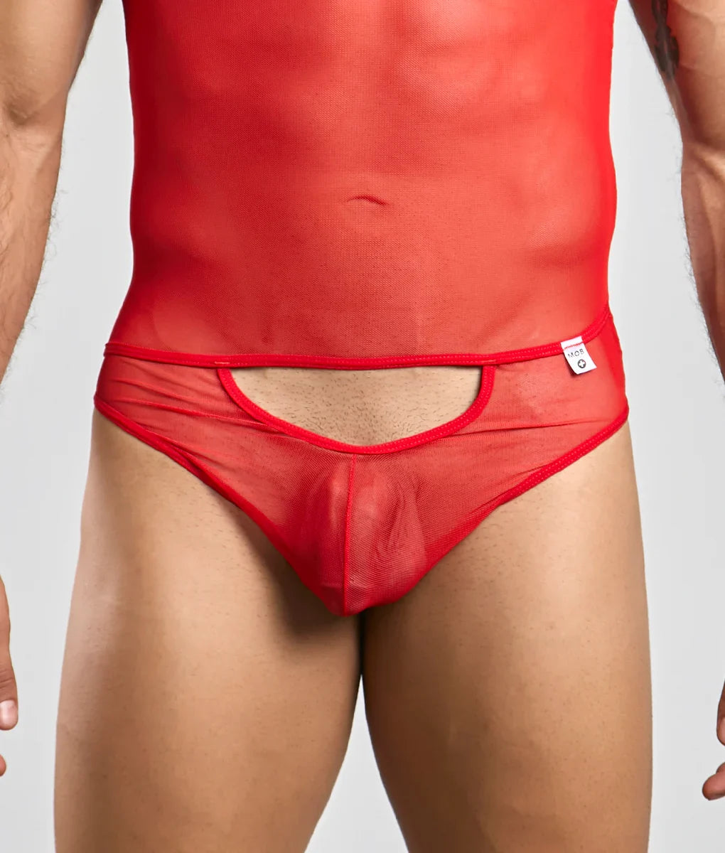 Red sheer mesh briefs with cutout design and red trim from mob mens sexy all over sheer body collection
